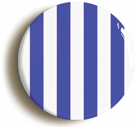 A picture of the front of the product, titled Blue And White Striped Button Pin Badge