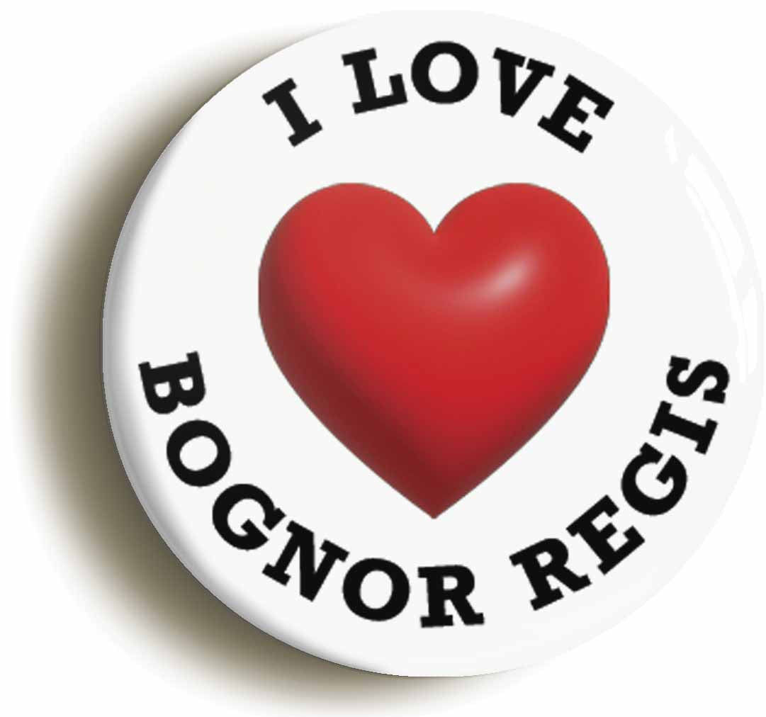 A picture of the front of the product, titled I Heart Love Bognor Regis Location Button Pin Badge