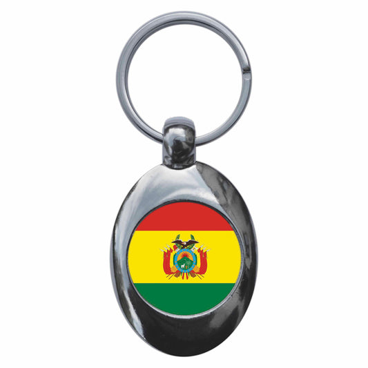 A picture of the front of the product, titled Bolivia Bolivian National Flag Metal Keyring With Trolley Coin
