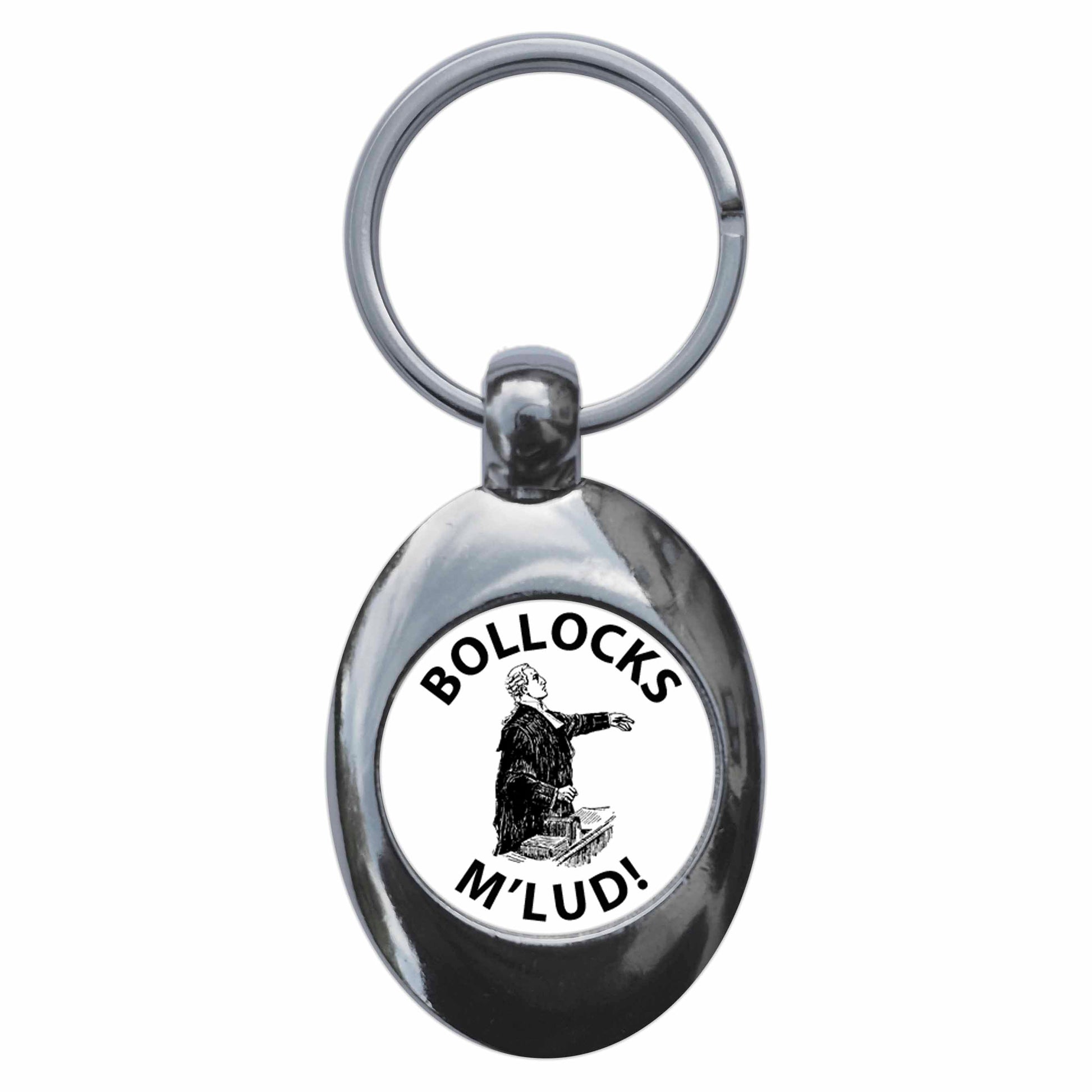 A picture of the front of the product, titled Bollocks Mlud Funny Lawyer Metal Keyring With Trolley Coin