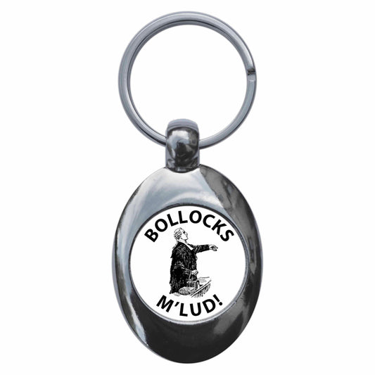 A picture of the front of the product, titled Bollocks Mlud Funny Lawyer Metal Keyring With Trolley Coin