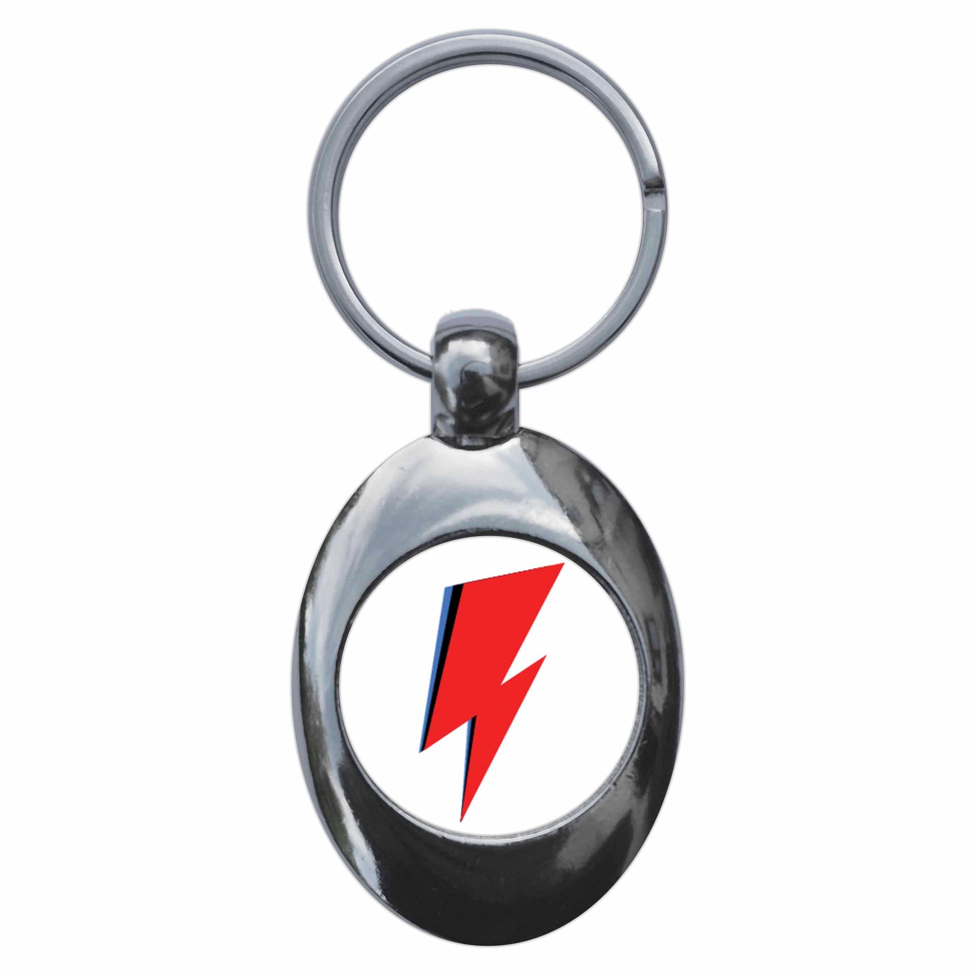 A picture of the front of the product, titled Seventies Glam Lightning Bolt Metal Keyring With Trolley Coin