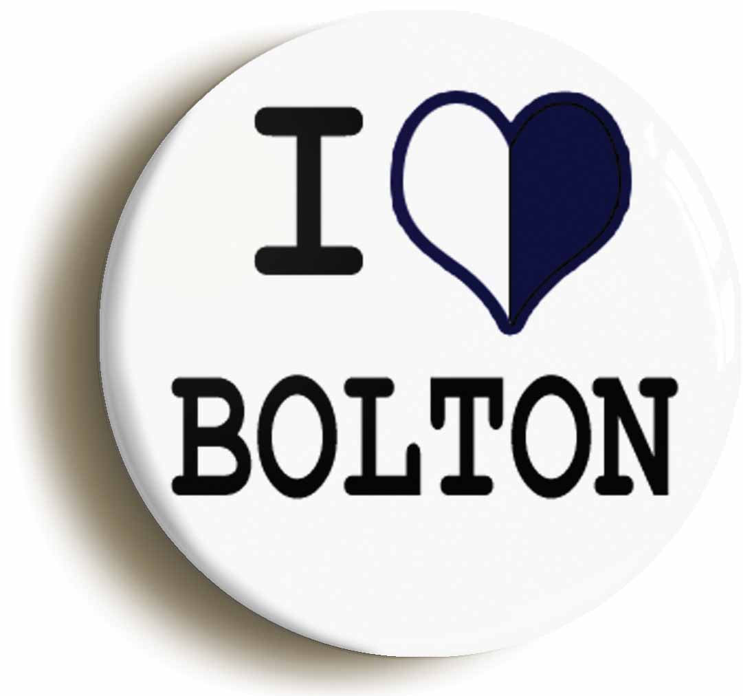 A picture of the front of the product, titled I Heart Love Bolton Circular 50mm Fridge Magnet