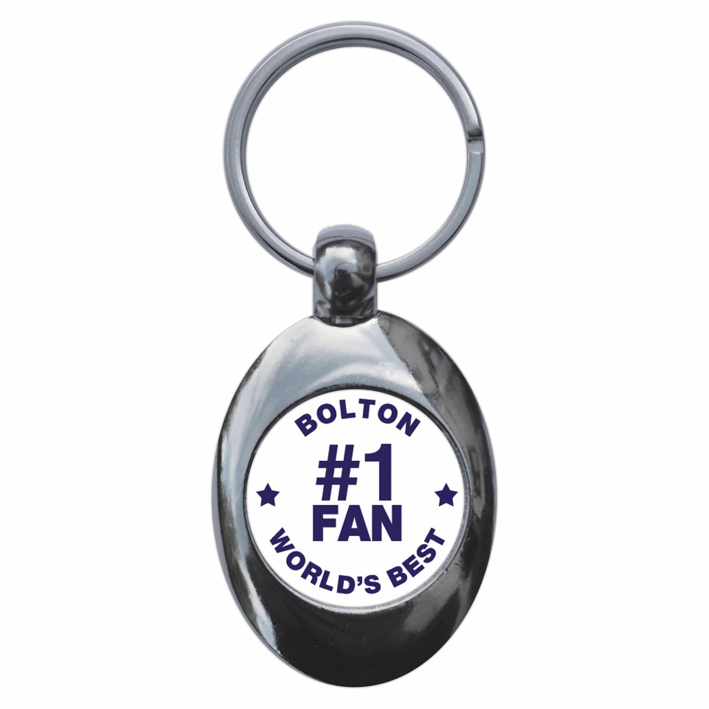 A picture of the front of the product, titled Bolton #1 Fan Metal Keyring With Trolley Coin