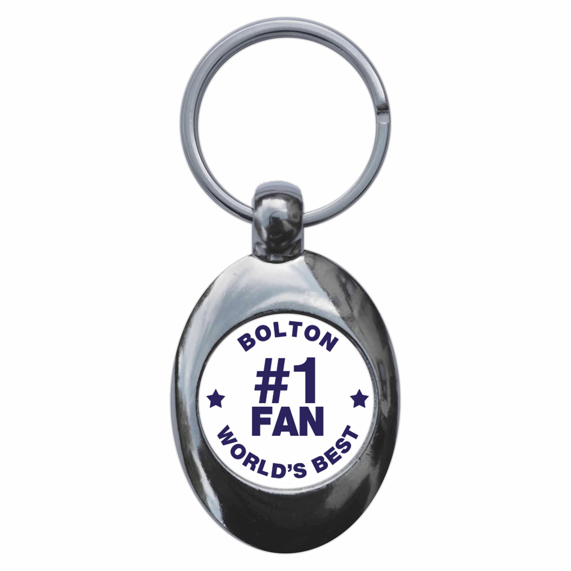 A picture of the front of the product, titled Bolton #1 Fan Metal Keyring With Trolley Coin