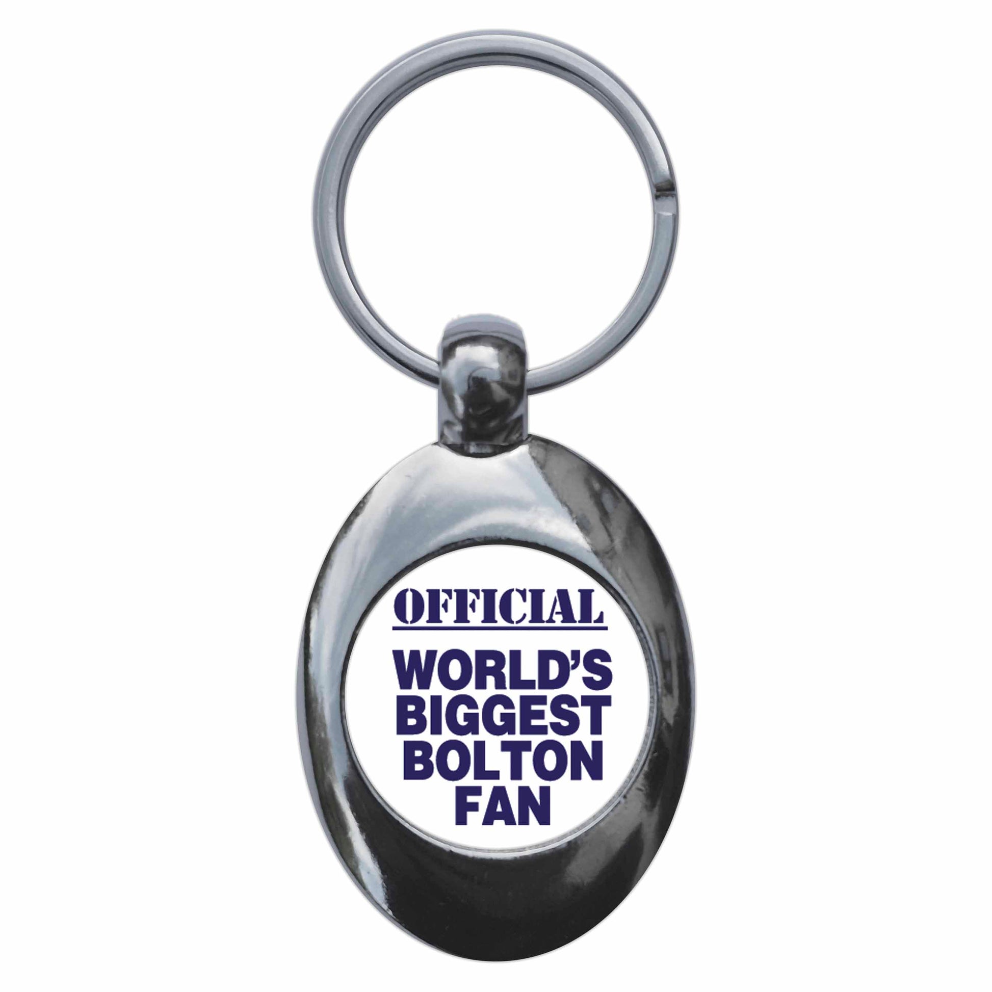 A picture of the front of the product, titled World's Biggest Bolton Fan Metal Keyring With Trolley Coin