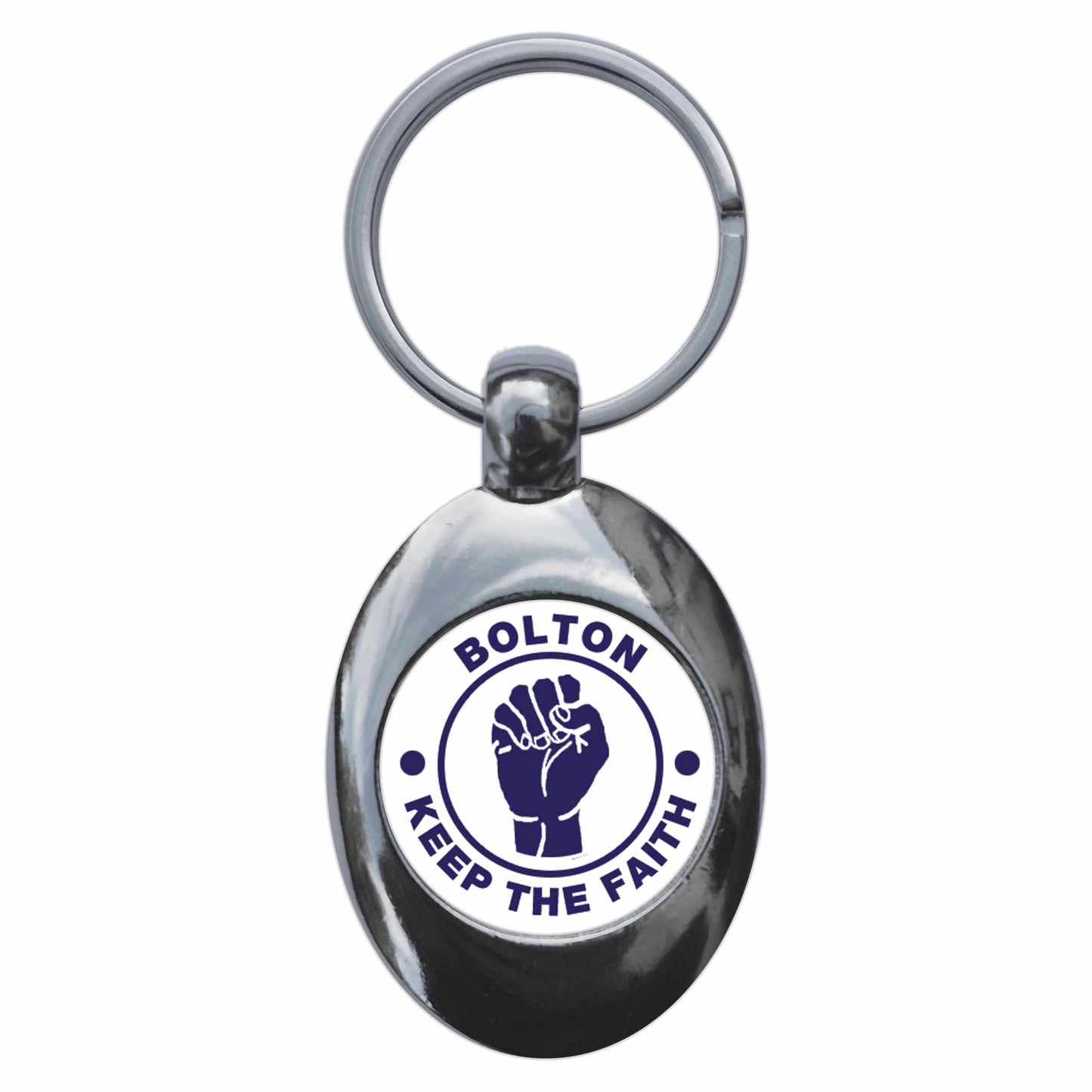 A picture of the front of the product, titled Bolton Keep The Faith Northern Soul Metal Keyring With Trolley Coin