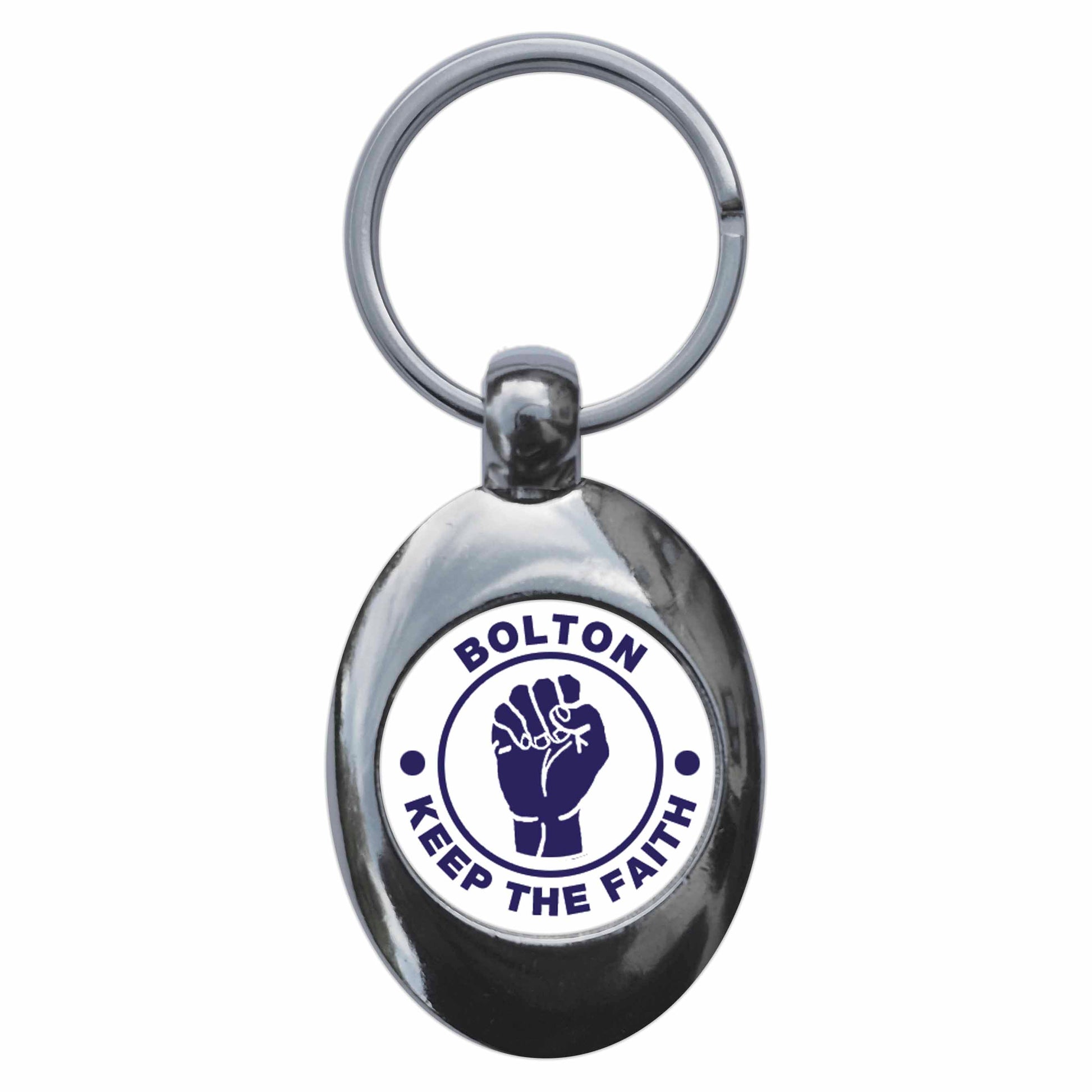 A picture of the front of the product, titled Bolton Keep The Faith Northern Soul Metal Keyring With Trolley Coin