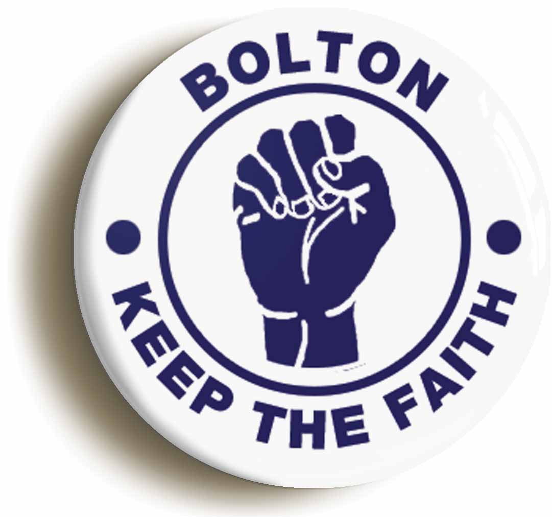 A picture of the front of the product, titled Bolton Keep The Faith Northern Soul Button Pin Badge