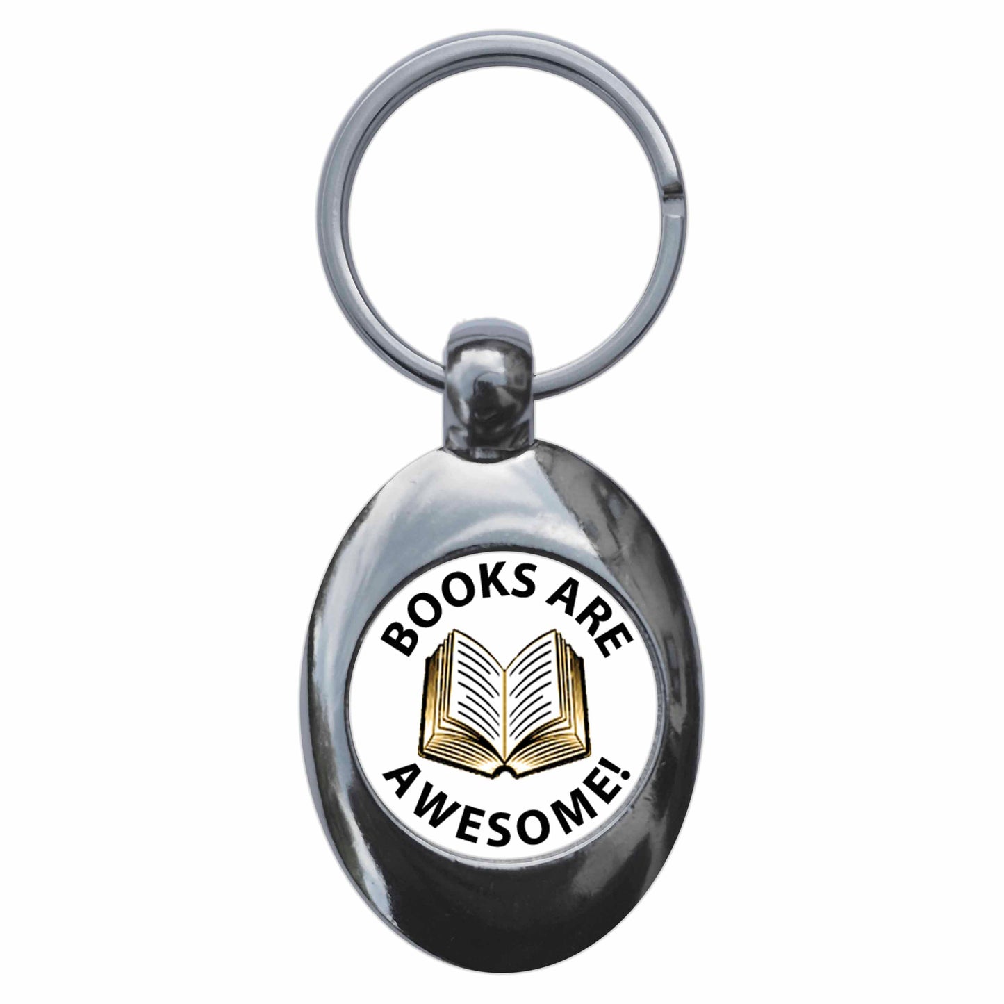 A picture of the front of the product, titled Books Are Awesome Metal Keyring With Trolley Coin