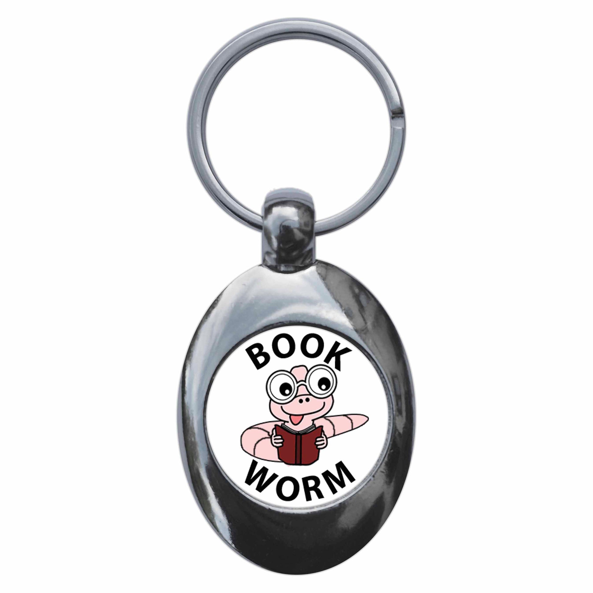 A picture of the front of the product, titled Bookworm Metal Keyring With Trolley Coin