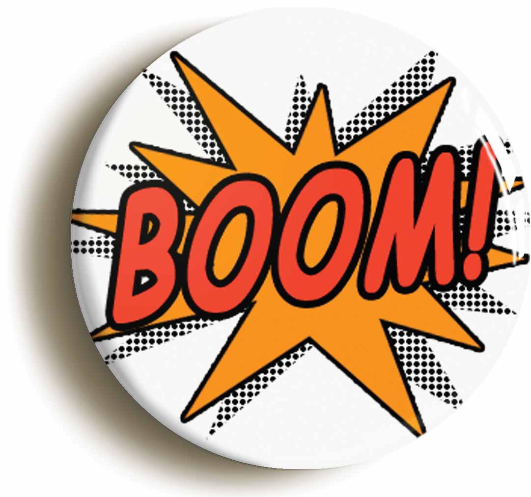 A picture of the front of the product, titled Boom Comic Button Pin Badge