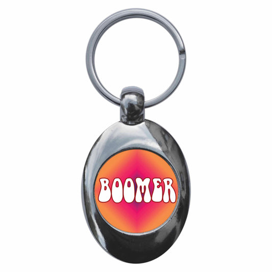 A picture of the front of the product, titled Boomer Metal Keyring With Trolley Coin