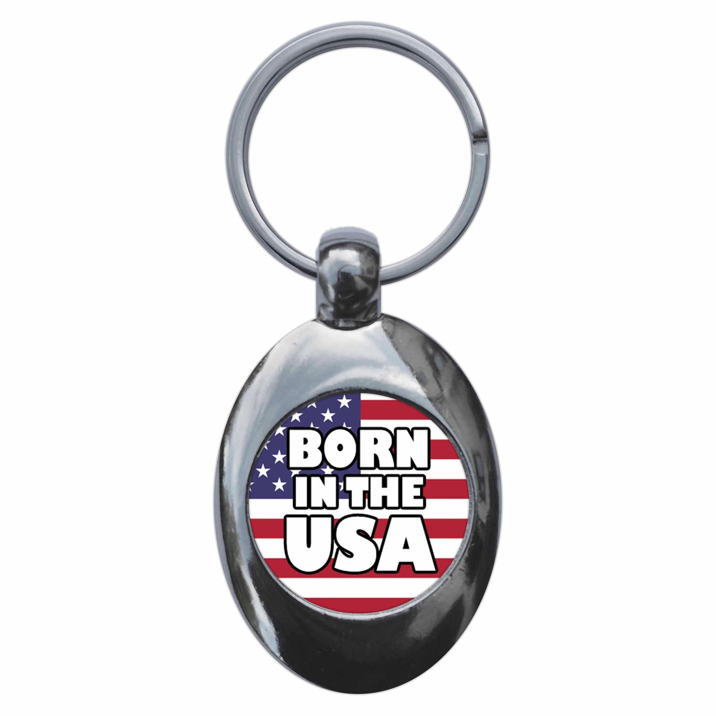 A picture of the front of the product, titled Born In The USA Metal Keyring With Trolley Coin