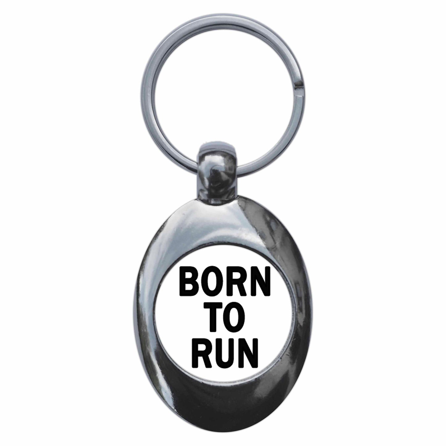 A picture of the front of the product, titled Born To Run Metal Keyring With Trolley Coin