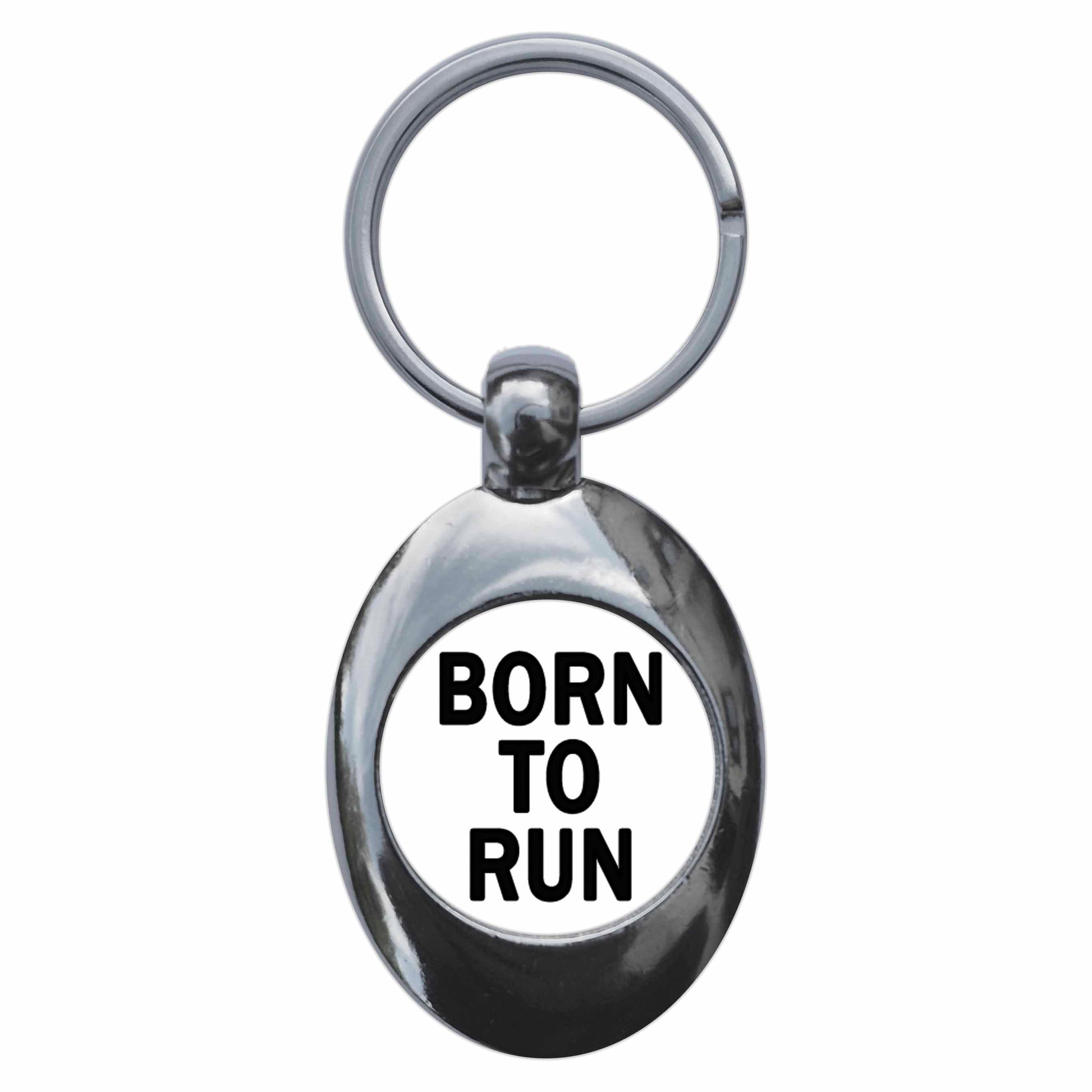 A picture of the front of the product, titled Born To Run Metal Keyring With Trolley Coin
