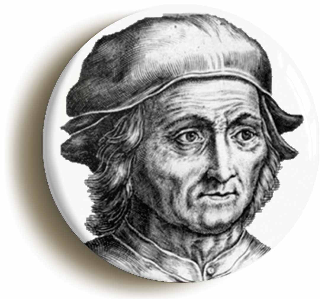 A picture of the front of the product, titled Hieronymus Bosch Portrait Button Pin Badge
