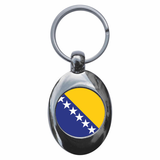 A picture of the front of the product, titled Bosnia Herzegovina Bosnian National Flag Metal Keyring With Trolley Coin