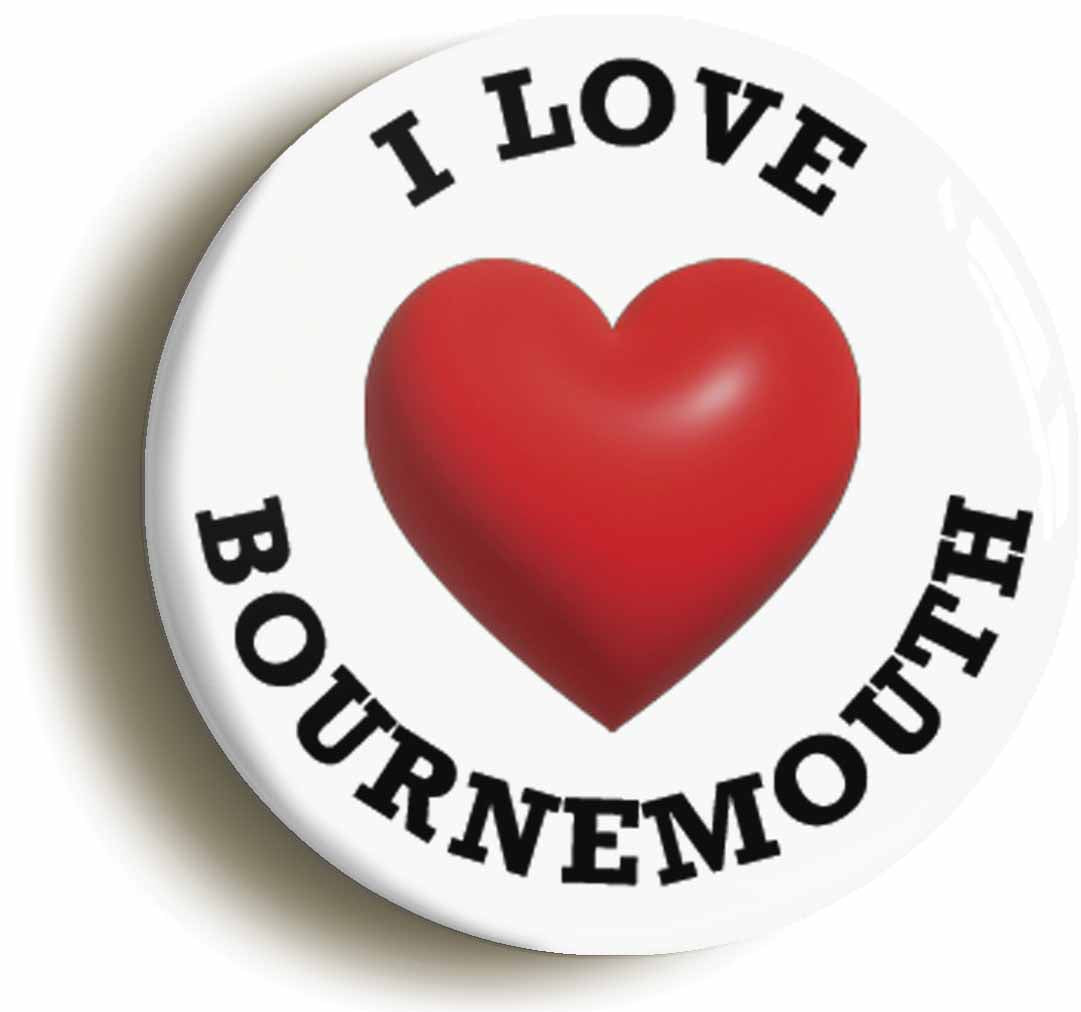 A picture of the front of the product, titled I Heart Love Bournemouth Location Circular 50mm Fridge Magnet