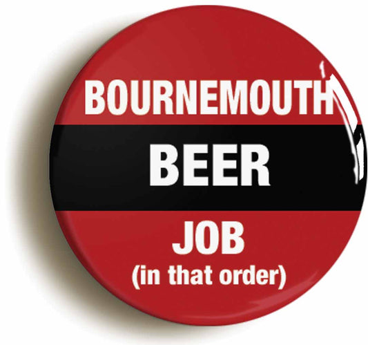 A picture of the front of the product, titled Cherries Beer Job In That Order Funny Circular 50mm Fridge Magnet