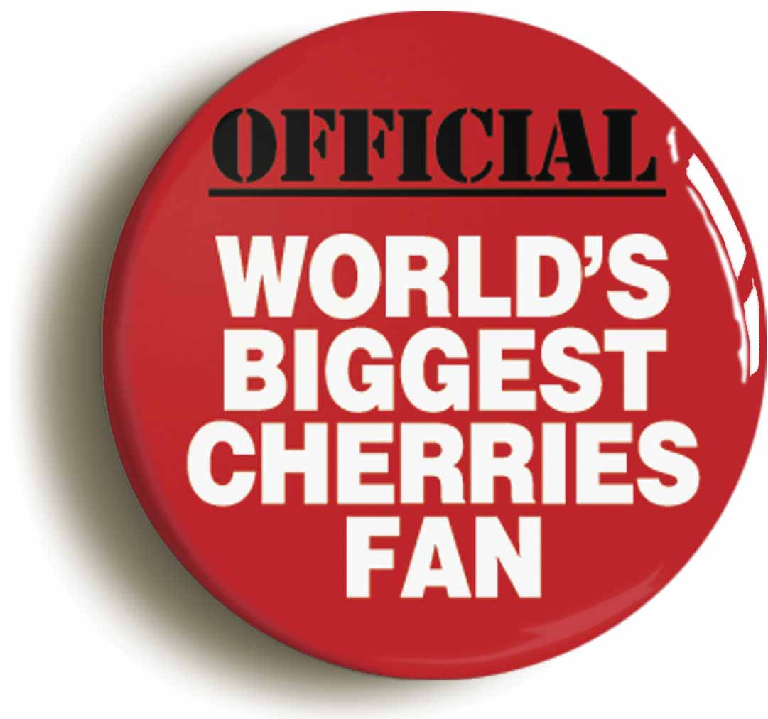 A picture of the front of the product, titled World's Biggest Cherries Fan Circular 50mm Fridge Magnet