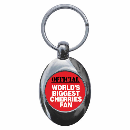 A picture of the front of the product, titled World's Biggest Cherries Fan Metal Keyring With Trolley Coin