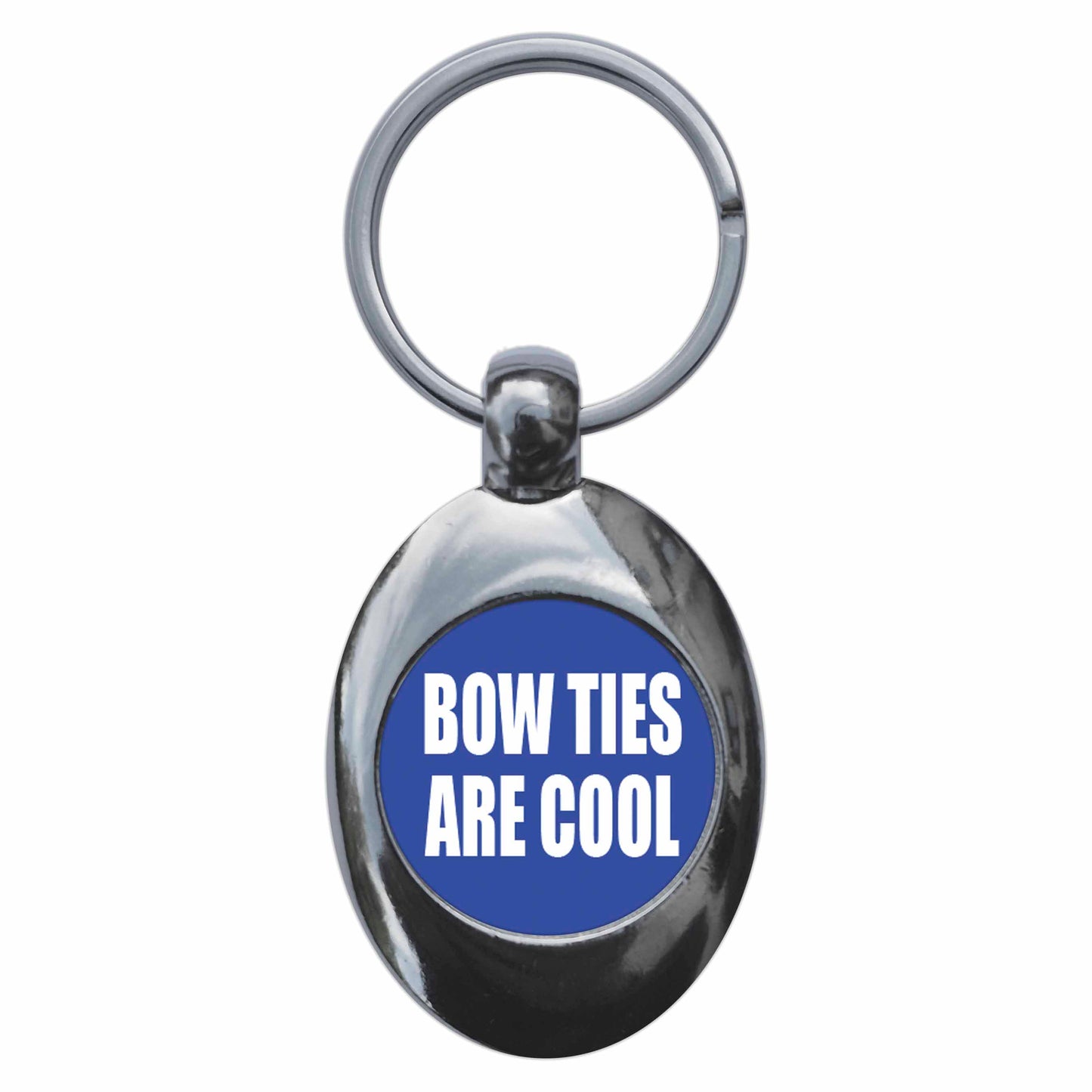 A picture of the front of the product, titled Bow Ties Are Cool Metal Keyring With Trolley Coin