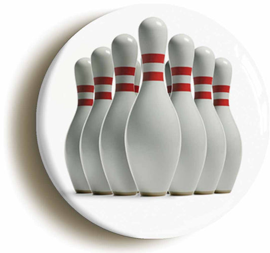 A picture of the front of the product, titled Bowling Pins Button Pin Badge