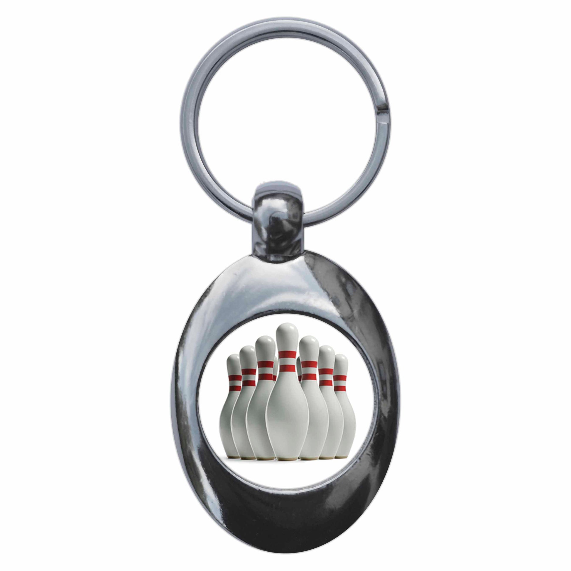 A picture of the front of the product, titled Bowling Pins Metal Keyring With Trolley Coin