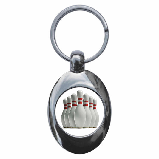 A picture of the front of the product, titled Bowling Pins Metal Keyring With Trolley Coin