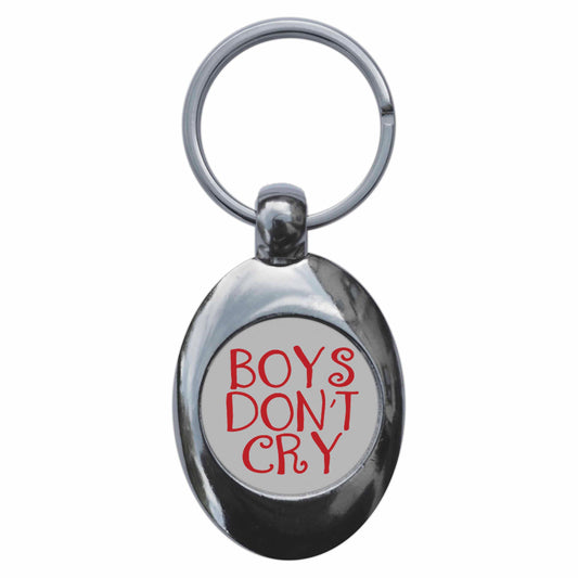 A picture of the front of the product, titled Boys Don't Cry Metal Keyring With Trolley Coin