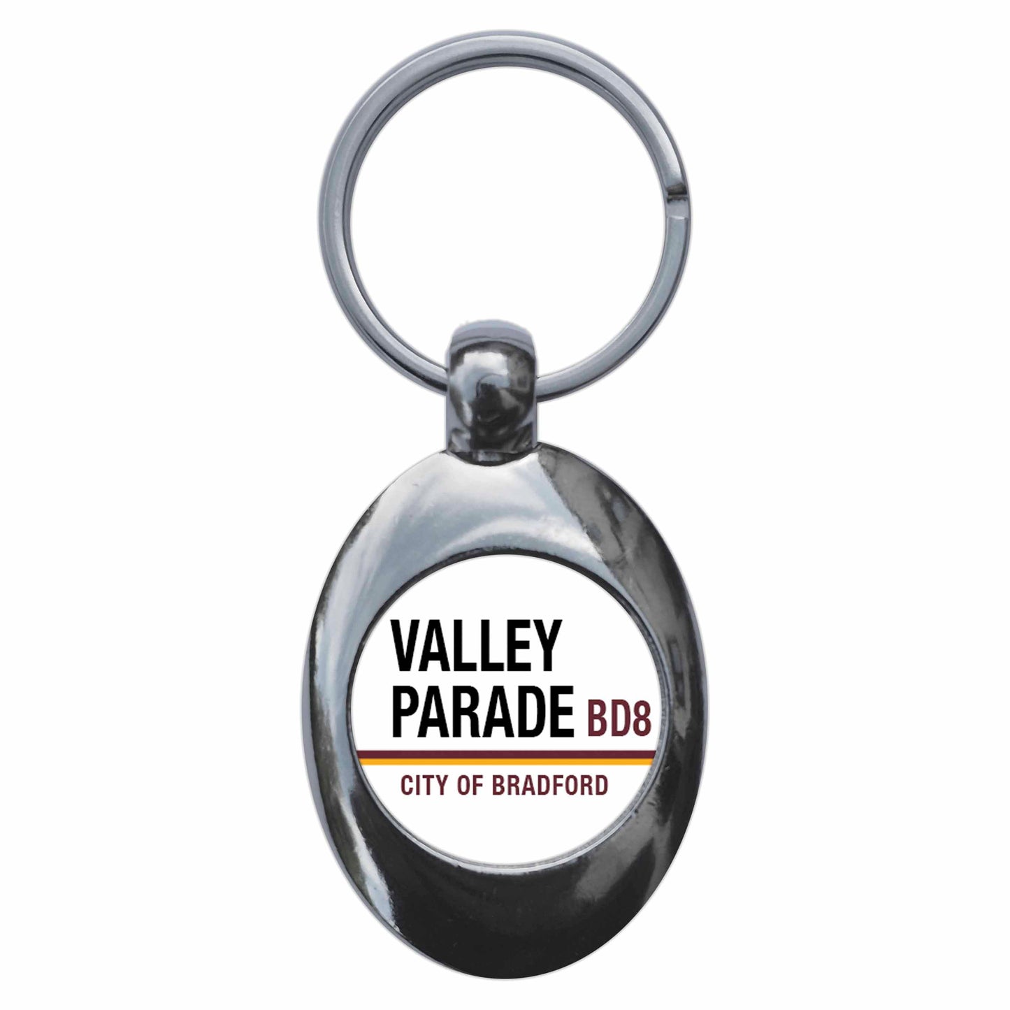 A picture of the front of the product, titled Valley Parade BD8 Bradford Road Sign Metal Keyring With Trolley Coin