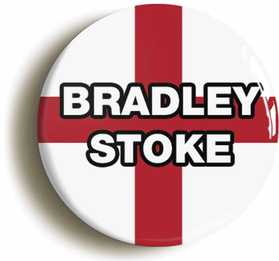 A picture of the front of the product, titled Bradley Stoke England Flag Button Pin Badge