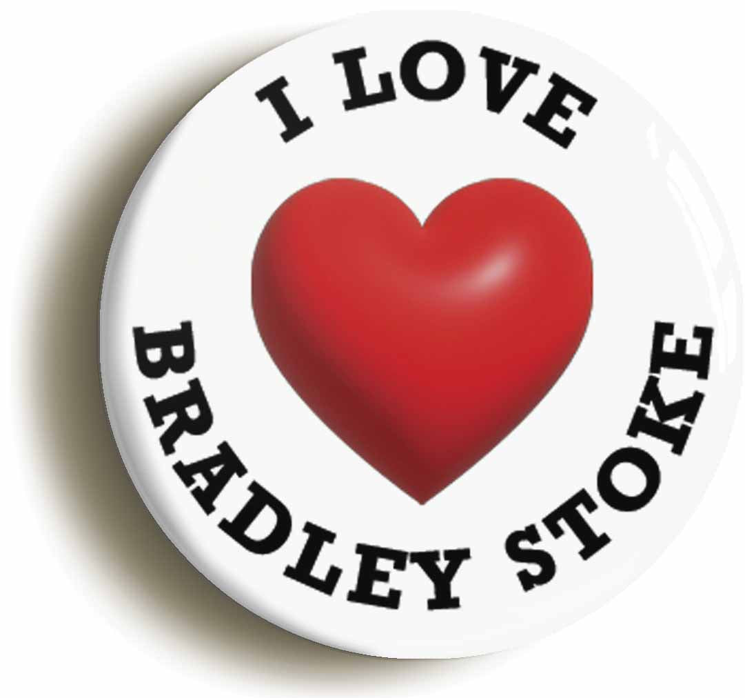 A picture of the front of the product, titled I Heart Love Bradley Stoke Location Circular 50mm Fridge Magnet