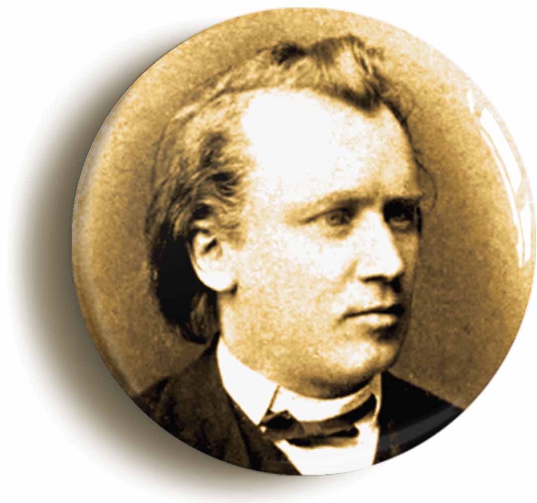 A picture of the front of the product, titled Johannes Brahms Romantic Classical Music Button Pin Badge
