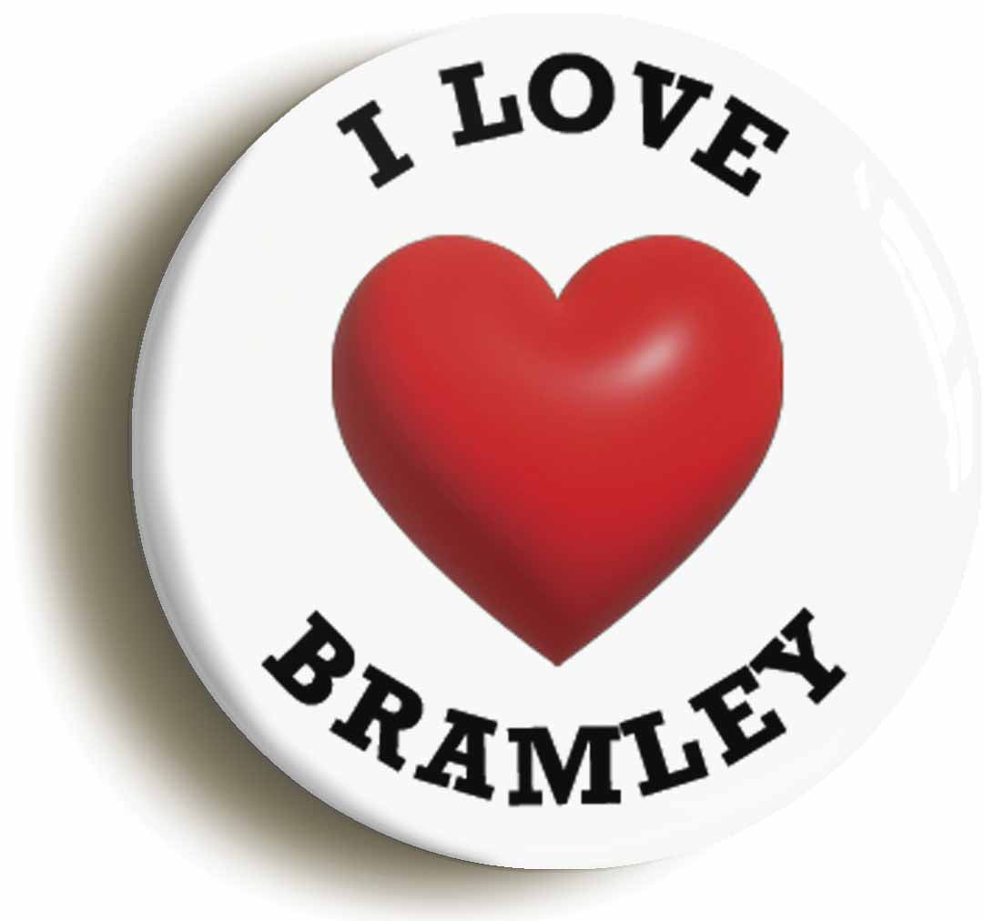 A picture of the front of the product, titled I Heart Love Bramley Location Circular 50mm Fridge Magnet