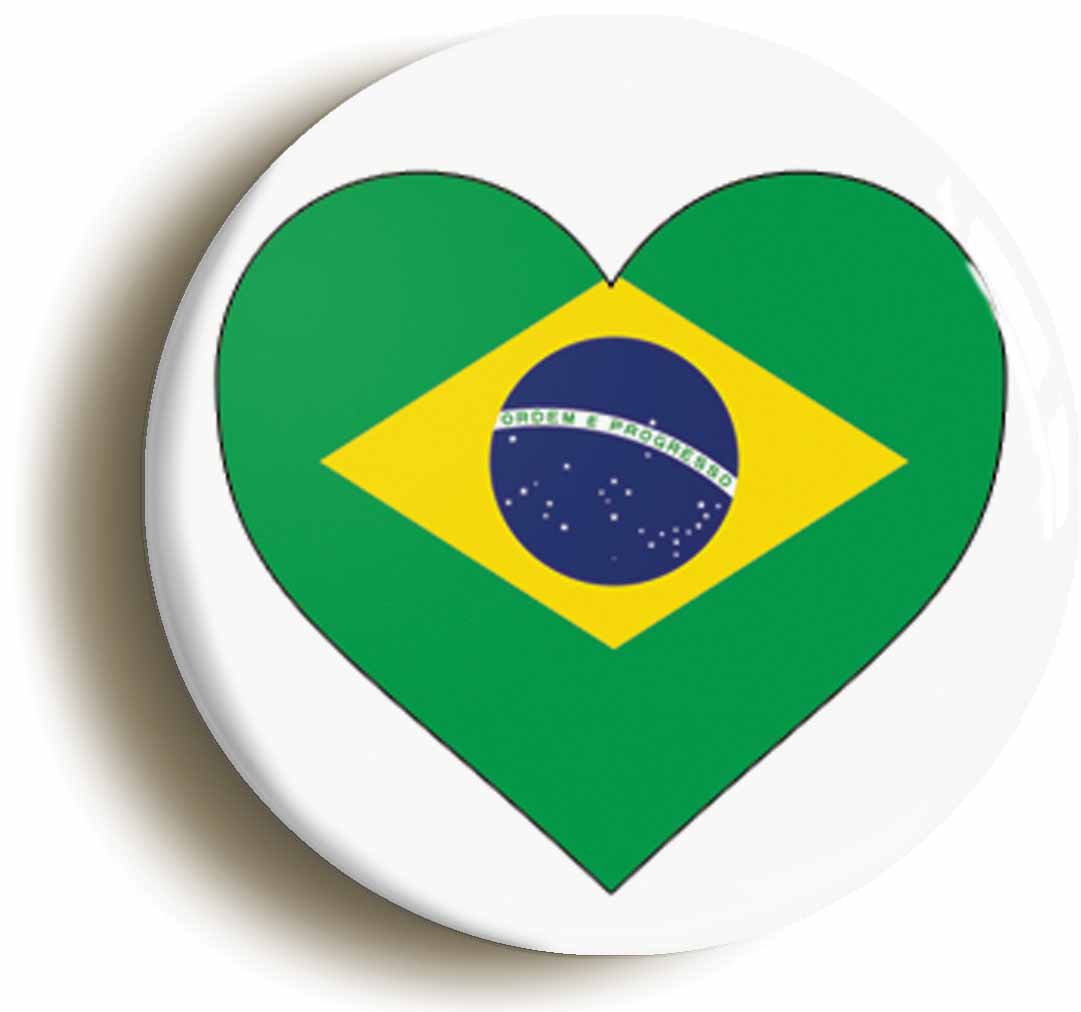 A picture of the front of the product, titled Brazil Brazilian National Flag Heart Button Pin Badge
