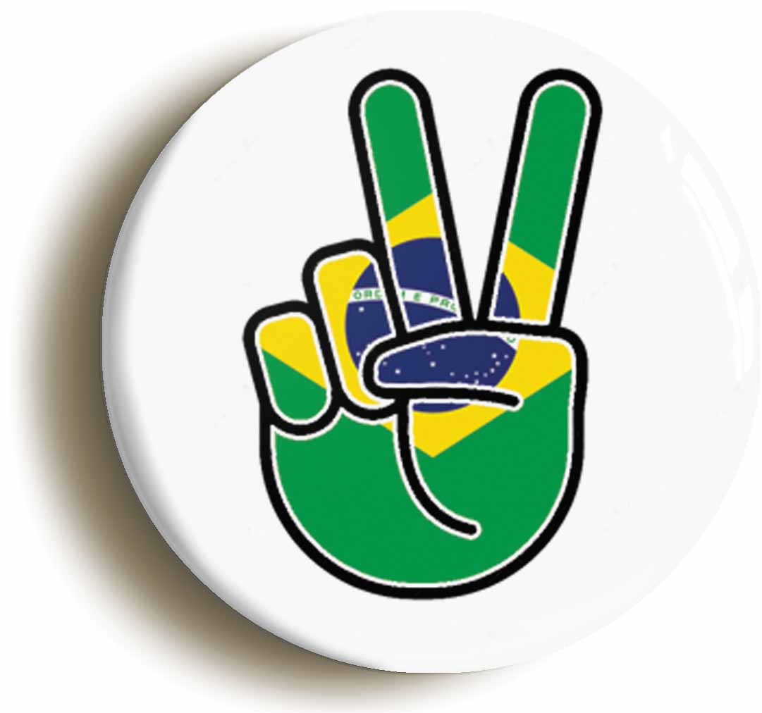 A picture of the front of the product, titled Brazil Brazilian National Flag Peace Sign V Button Pin Badge