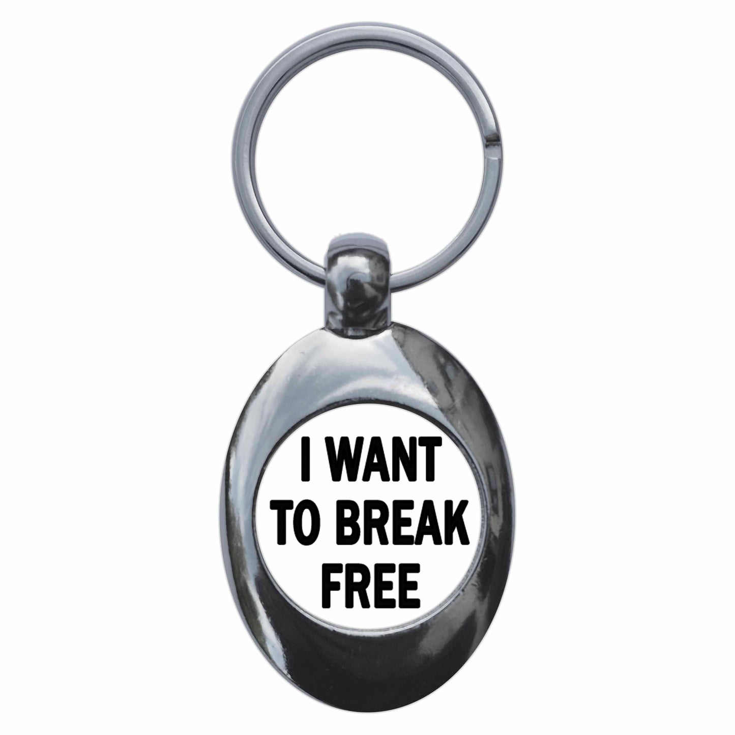 A picture of the front of the product, titled I Want To Break Free Metal Keyring With Trolley Coin