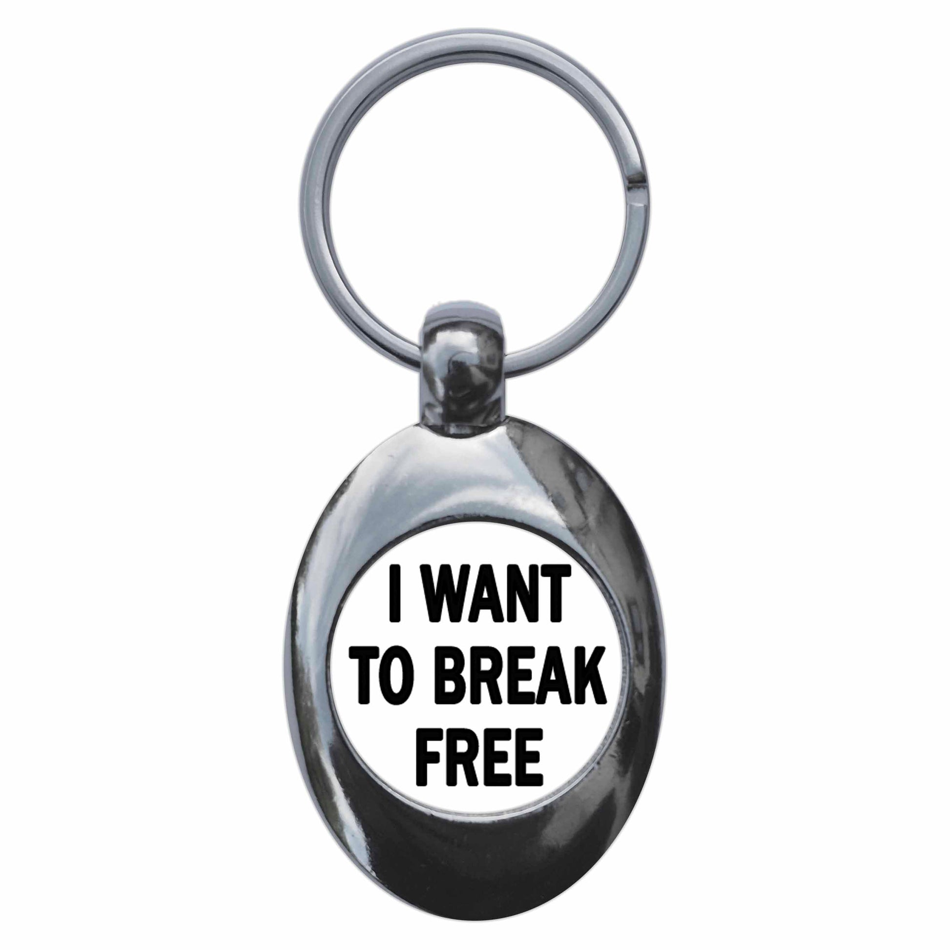 A picture of the front of the product, titled I Want To Break Free Metal Keyring With Trolley Coin