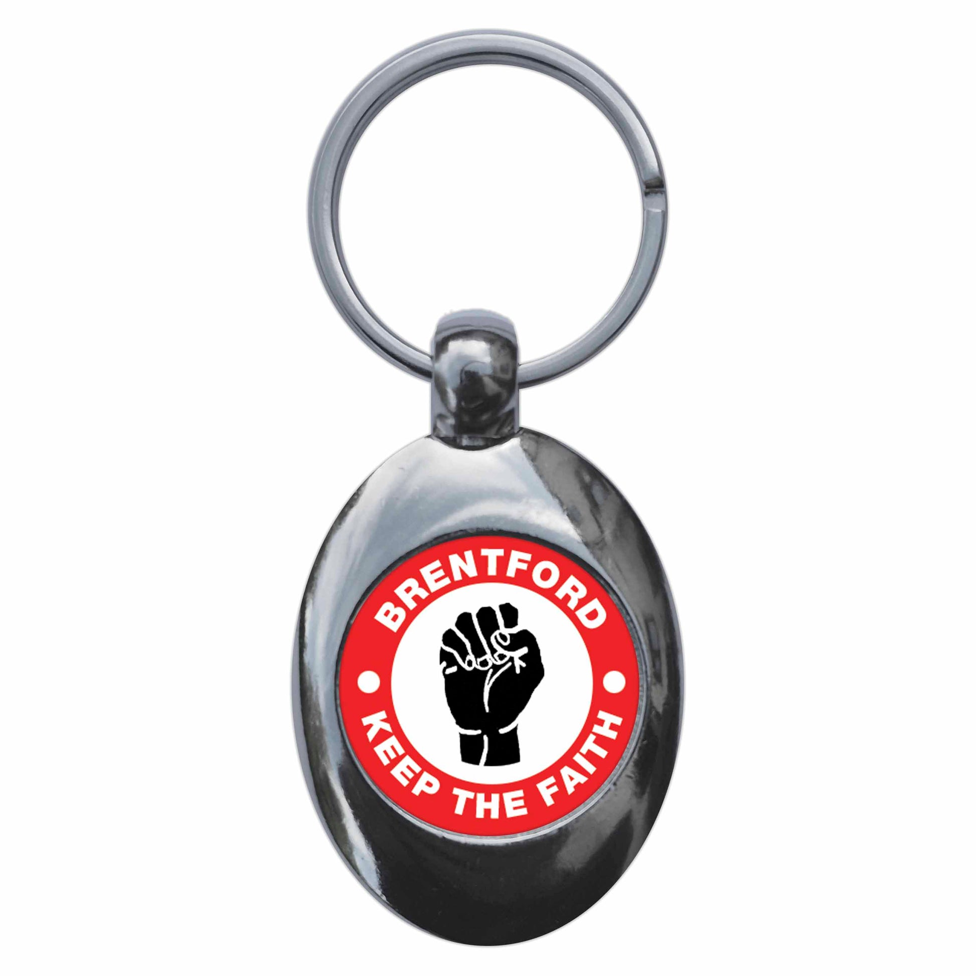 A picture of the front of the product, titled Brentford Keep The Faith Northern Soul Metal Keyring With Trolley Coin