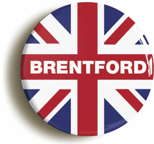 A picture of the front of the product, titled Brentford Union Jack Button Pin Badge
