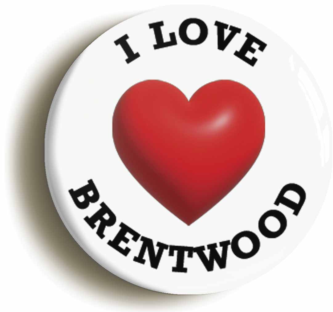 A picture of the front of the product, titled I Heart Love Brentwood Location Button Pin Badge