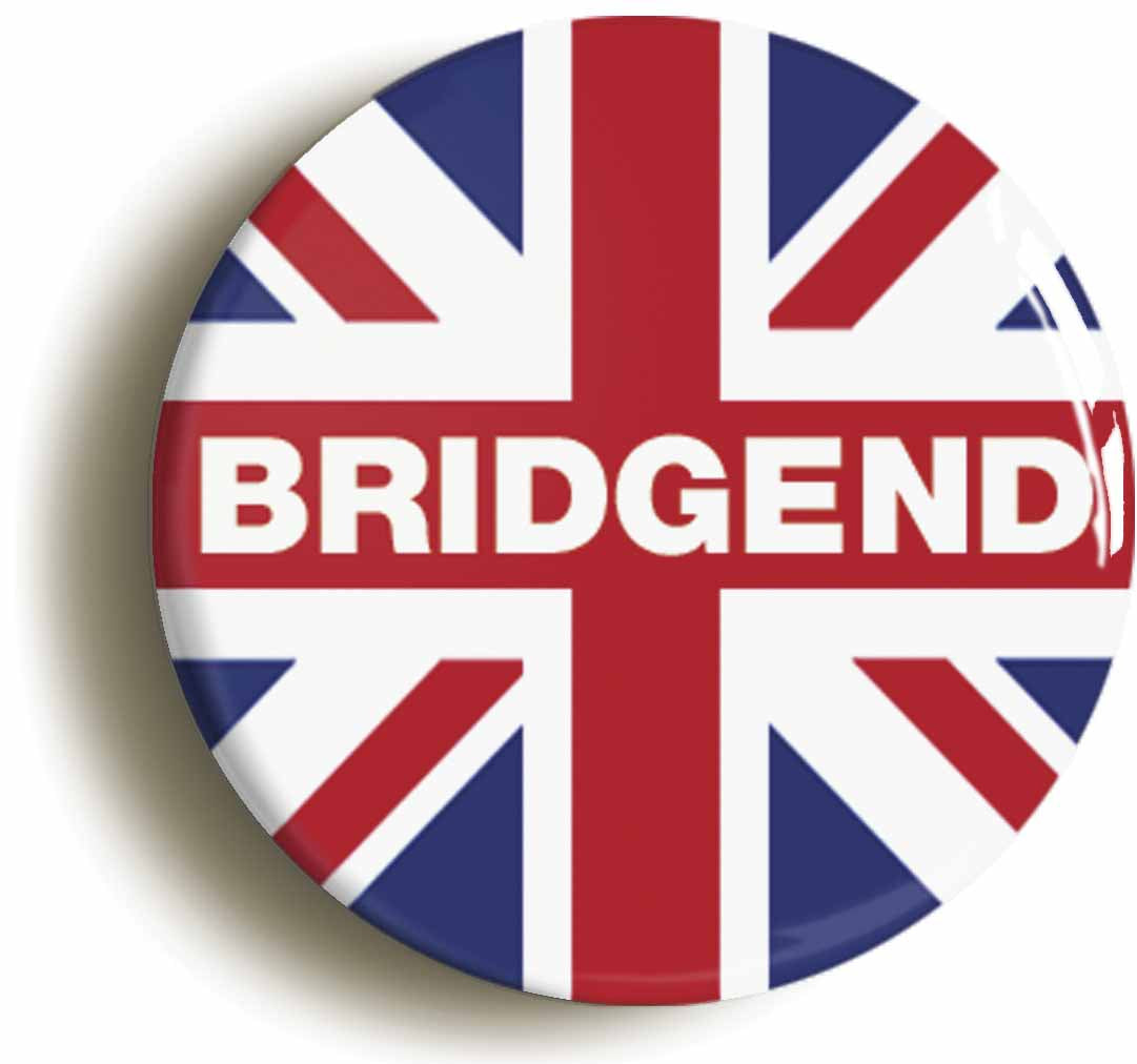 A picture of the front of the product, titled Bridgend Union Jack Button Pin Badge