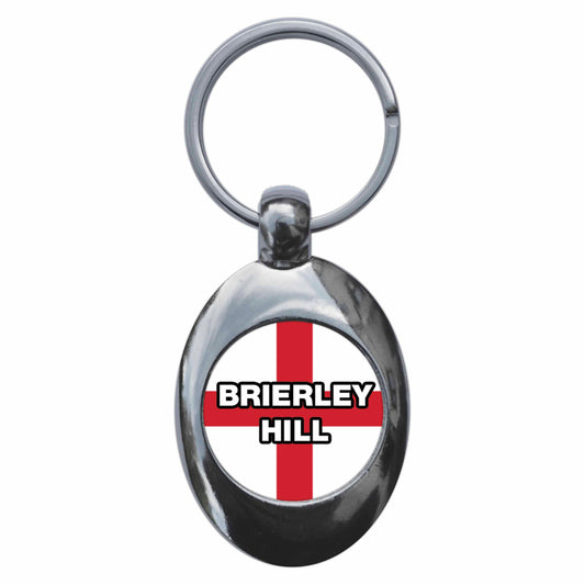 A picture of the front of the product, titled Brierley Hill England Flag Metal Keyring With Trolley Coin