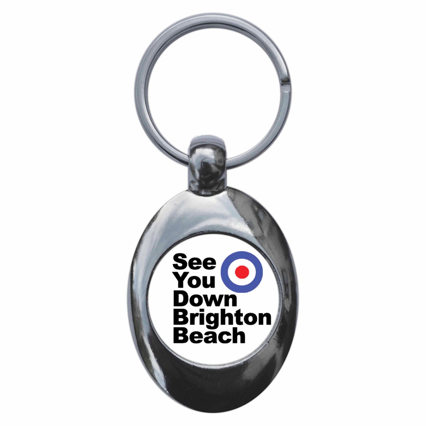 A picture of the front of the product, titled See You Down Brighton Beach Mod Metal Keyring With Trolley Coin