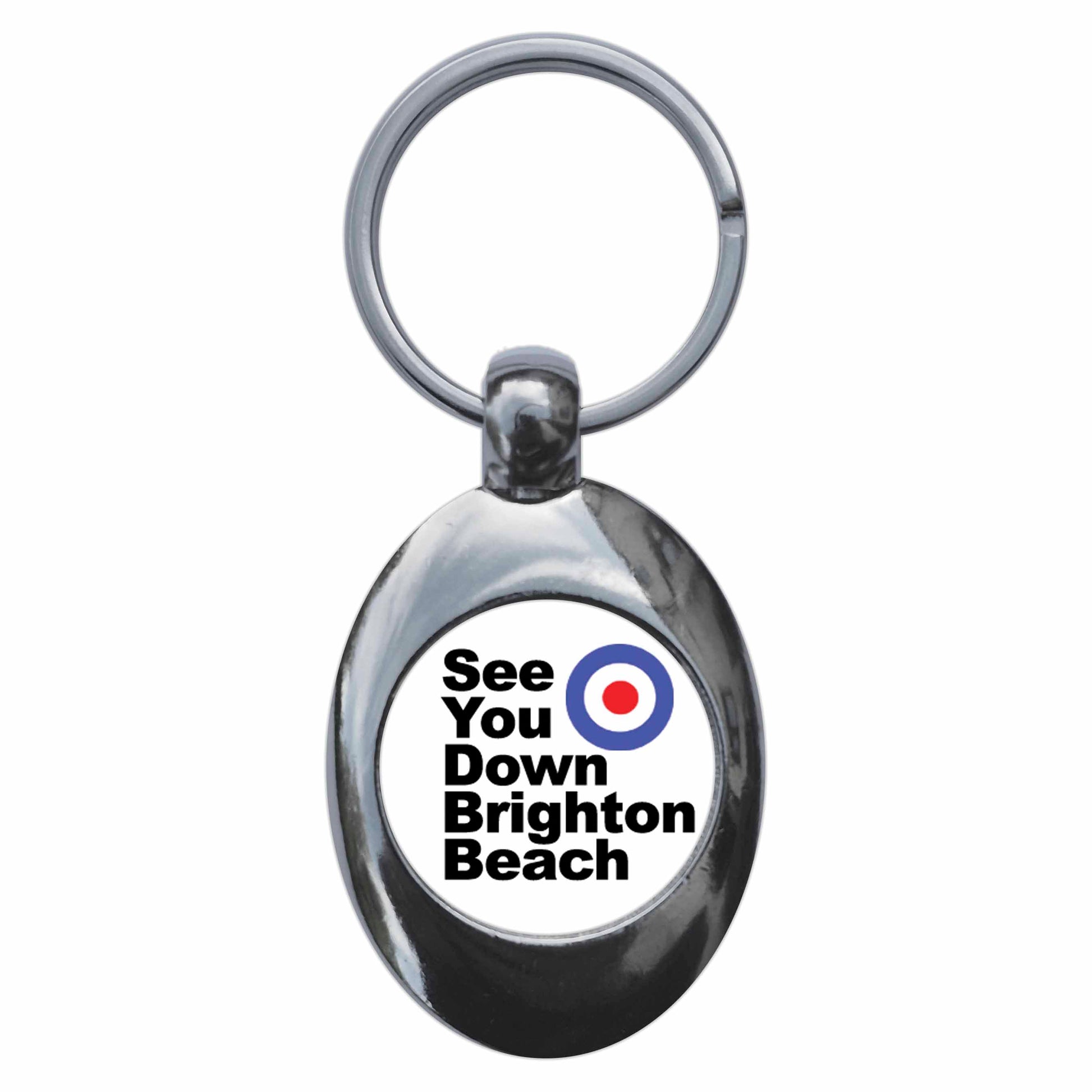 A picture of the front of the product, titled See You Down Brighton Beach Mod Metal Keyring With Trolley Coin