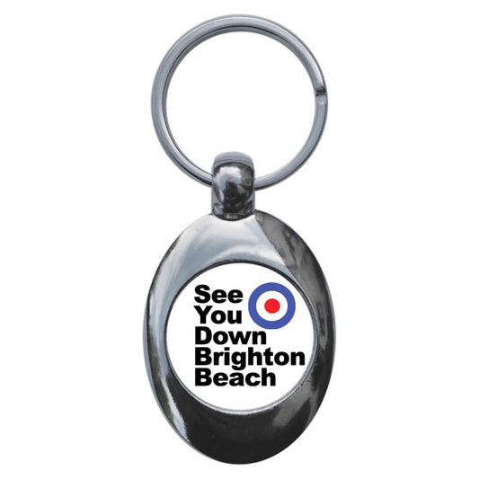 A picture of the front of the product, titled See You Down Brighton Beach Mod Metal Keyring With Trolley Coin