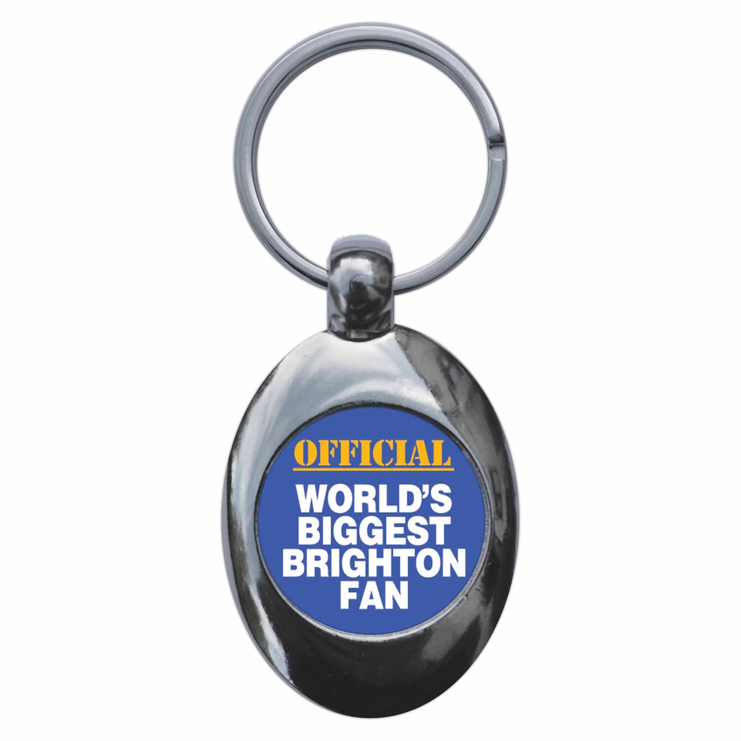 A picture of the front of the product, titled World's Biggest Brighton Fan Metal Keyring With Trolley Coin