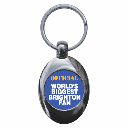 A picture of the front of the product, titled World's Biggest Brighton Fan Metal Keyring With Trolley Coin